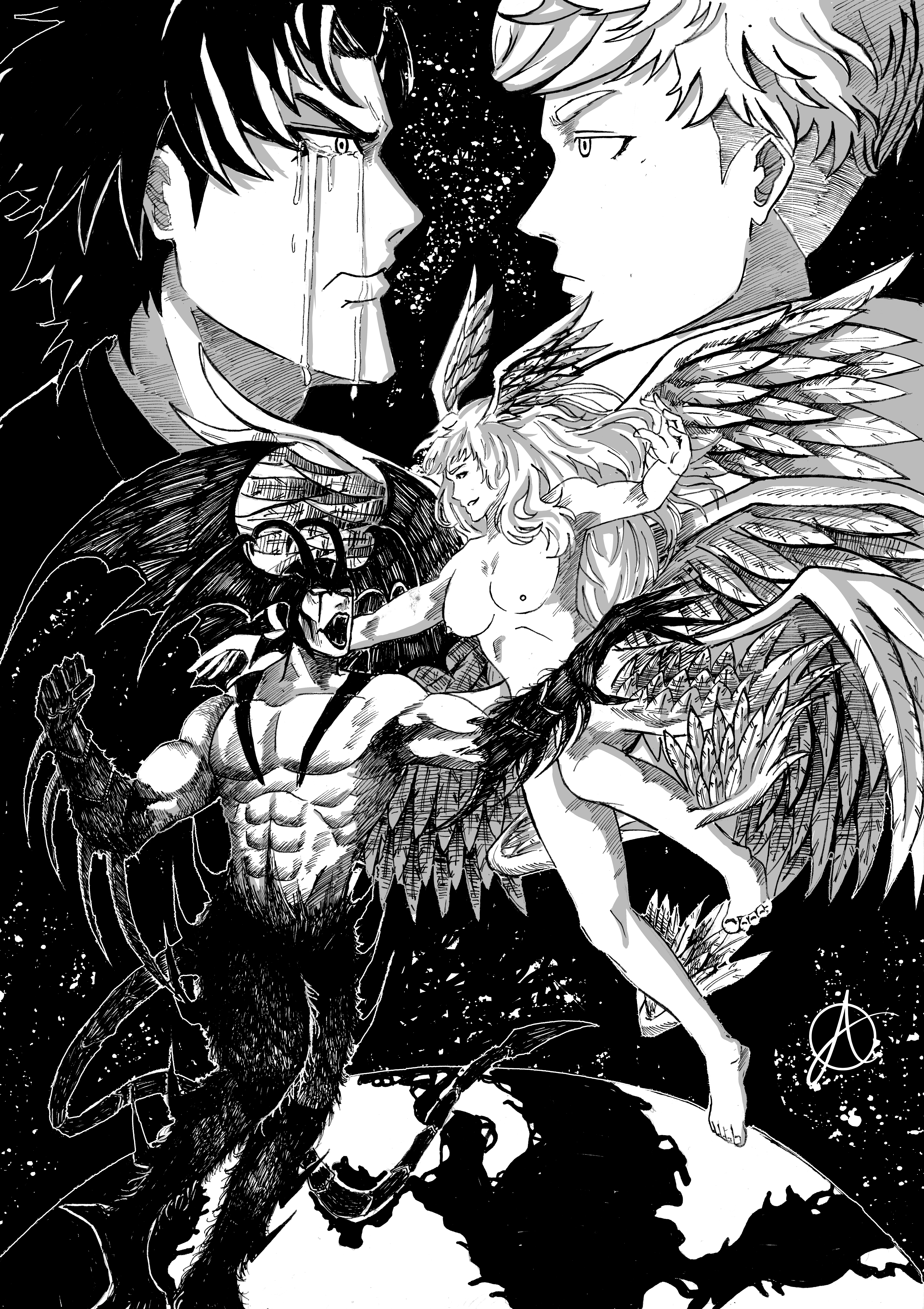 Black-and-white fantasy illustration by Aditya Wardana